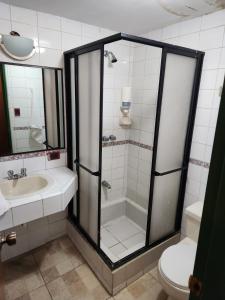 a bathroom with a shower and a sink and a toilet at Hotel Piquellan in Quito +18 photos