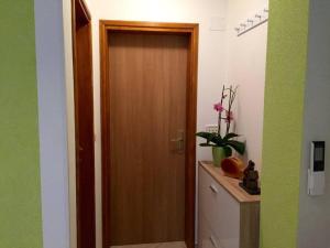 a bathroom with a wooden door in a room at Apartment Zavalatica 184c in Čara
