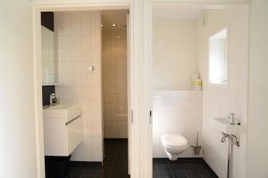 een witte badkamer met een toilet en een wastafel bij Gouden Plakje in Gaastmeer