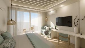 a bedroom with a bed and a desk with a television at Dimora Blu Maldives in Dharavandhoo +15 photos
