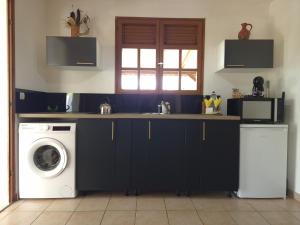 a kitchen with a sink and a washing machine at Ti Sucrier Jaune - Douceur caraïbe vue mer in Le Carbet