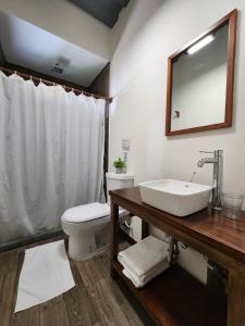 a bathroom with a sink and a toilet and a mirror at Torre Yaxche Urban Center in Cancún
