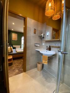 ein Badezimmer mit Waschbecken und Dusche in der Unterkunft Vanilla Hof in Naumburg