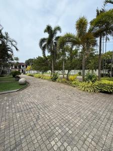 a cobblestone walkway with palm trees in a park at Hotel Saumya Polhena in Matara