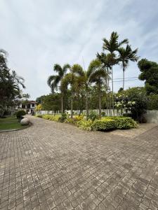a cobblestone street with palm trees in a park at Hotel Saumya Polhena in Matara