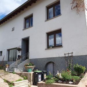 a white house with two windows and a door at Ferienhaus Meiers in Losheim