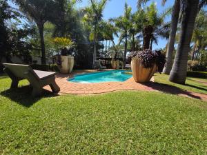 a pool in a yard with a bench and palm trees at Lala Bela Guest House in Bela-Bela