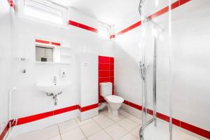 a bathroom with a toilet and a sink and a shower at Penzion Neubauer in Ostružná +23 photos