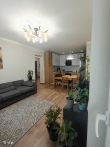 a living room with a couch and a dining room at Tbilisi Dirsi Complex in Tbilisi City