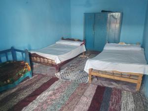 two beds in a room with blue walls at Arman House in Aswan