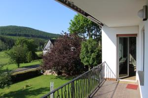 a balcony of a house with a view of a yard at Ferienwohnung Hermann Miß in Bad Berleburg