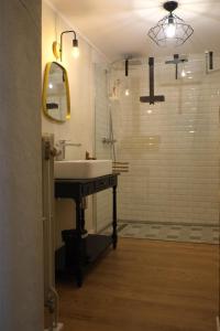 a bathroom with a sink and a shower with a mirror at Au Petit Bercail - 2 Chambres d'hôtes pour 2 personnes in Chiny +13 photos