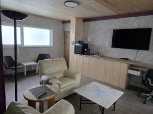 a living room with a couch and a flat screen tv at Niederdreisbacher Hof in Niederdreisbach