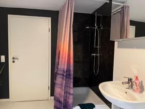 a bathroom with a shower curtain and a sink at Flensburg Zentrum 69 01 in Flensburg