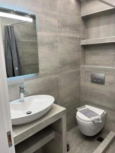a bathroom with a sink and a toilet and a mirror at Kyano Studios-Sotiria studios in Limenaria