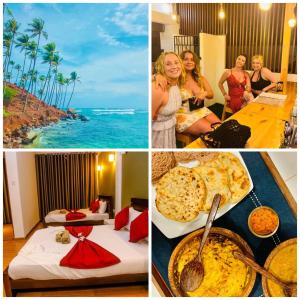 a collage of pictures of a hotel with food and the ocean at Shanu home stay in Beliatta