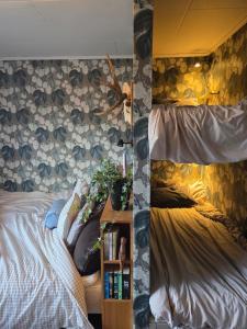 two pictures of a bedroom with a bed and a book shelf at Stora Tegelhuset in Borlänge +27 photos