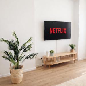 a living room with a tv on a wall at Suites in Brunn am Gebirge in Brunn am Gebirge +3 photos