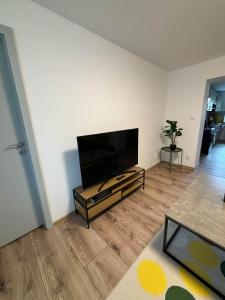 a living room with a large flat screen tv at Hrabůvka Living in Ostrava