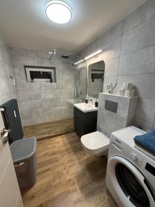 a bathroom with a toilet sink and a washing machine at Hrabůvka Living in Ostrava