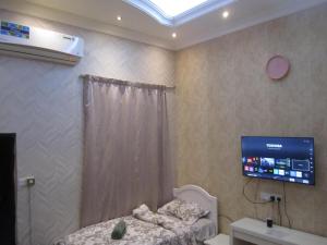 a bedroom with a bed and a tv on the wall at العين الهيلي مصباح بيت14 in Al Ain