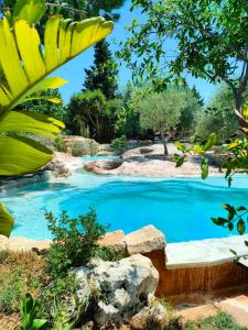 a pool with blue water and a bunch of bananas at Oasi conca d'oro glamping in Noto