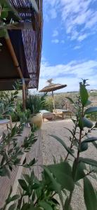 a beach with an umbrella and a table and benches at Oasi conca d'oro glamping in Noto