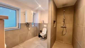 a bathroom with a toilet and a window and a shower at Apart Alm in Karrösten +14 photos