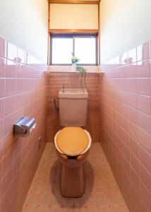 a bathroom with a toilet with a yellow lid at Guesthouse NAMAZU in Anan +24 photos