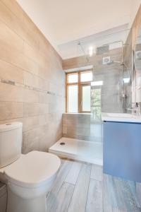 a bathroom with a toilet and a shower and a sink at 2 Bed in Aberdyfi oc-wah694 in Aberdyfi +12 photos