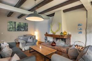 a living room with a couch and a fireplace at Haus im Wald in Gartow