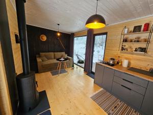 a kitchen and living room with a woodburning stove at Модрина Космач ko kosmach in Kozmacz