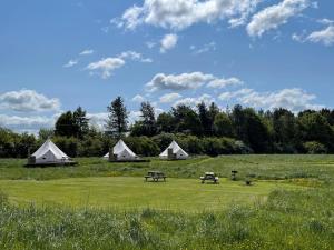 a group of tents in a field with a picnic table at Walltree House Glamping - Bell Tent in Brackley