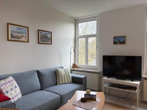 a living room with a blue couch and a flat screen tv at Apartments Schnepel in Sankt Michaelisdonn