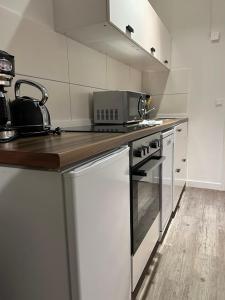 a kitchen with a counter top with a microwave at Günstige Ferienwohnung 2 Pers zentral Hamburg BoLA 48 in Hamburg