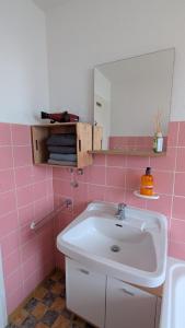 a pink bathroom with a sink and a mirror at Ferienwohnung Hinterberg in Fürstenstein +11 photos