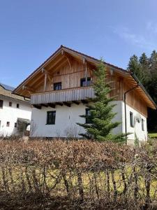 a house with a pine tree in front of it at Schweizer Häusl in Bayerisch Eisenstein