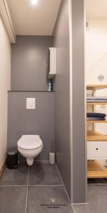 a bathroom with a white toilet in a room at Luxurious apartment next to the sea and city centre with free parking space in Ostend +19 photos