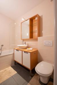 a bathroom with a toilet and a sink and a mirror at Appartement Montfleuri in Ostend +29 photos