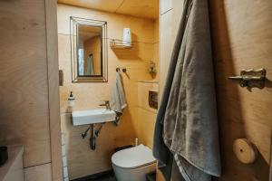 a small bathroom with a toilet and a sink at Domek na drzewie Ceprowo in Szczyrk +29 photos