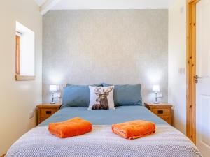 a blue bed with two orange pillows on it at Beinn Uidhe Studio Apartment - Uk49100 in Inchnadamph +8 photos