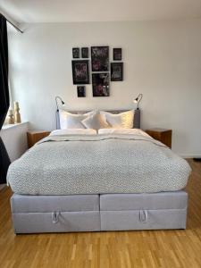 a bedroom with a large bed in a room at Modernes Appartement "ALTE MÄDCHENSCHULE", inkl Stellplatz, E-Bike Ladestation, Boxspringbett, Business, 2 Personen, gratis Kaffee und Tee, WLAN in Bautzen