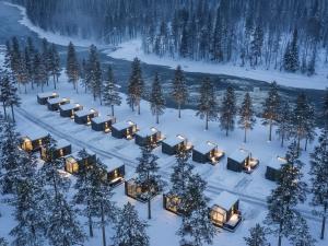 an aerial view of a resort in the snow at Halo Igloos Resort in Rovaniemi