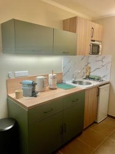 a kitchen with a sink and a counter top at Appartement en résidence d'exception avec piscine dans le cap corse in Sisco