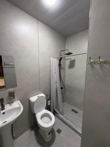a bathroom with a toilet and a sink and a shower at Light Hostel by TripLE in Yakkasaray +35 photos