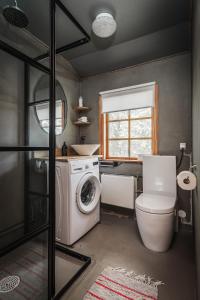 a bathroom with a washing machine and a toilet at Rustic Nordic Getaway by the Sea in Axmar +34 photos