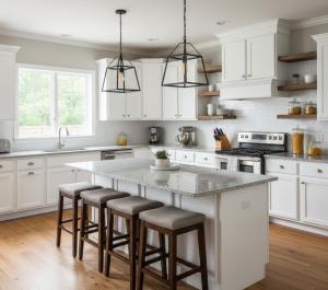 a kitchen with white cabinets and a large island with bar stools at Awex Apart in Sakarya +13 photos