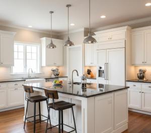 a kitchen with white cabinets and a island with bar stools at Awex Apart in Sakarya