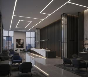 a lobby with a waiting room with chairs and a reception desk at Awex Apart in Sakarya