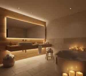 a bathroom with a tub and a large mirror at Awex Apart in Sakarya